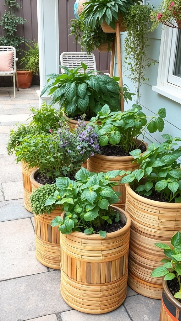Bamboo containers filled with various herbs in a garden setting.