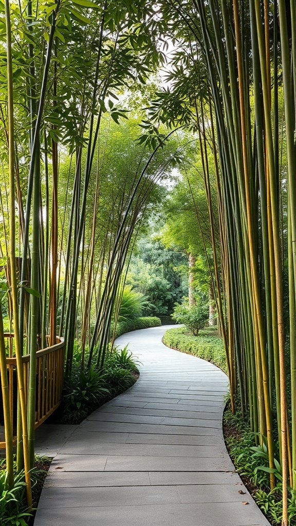 A winding bamboo pathway surrounded by lush greenery