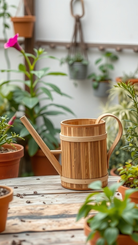 A bamboo watering can placed on a wooden table surrounded by potted plants.