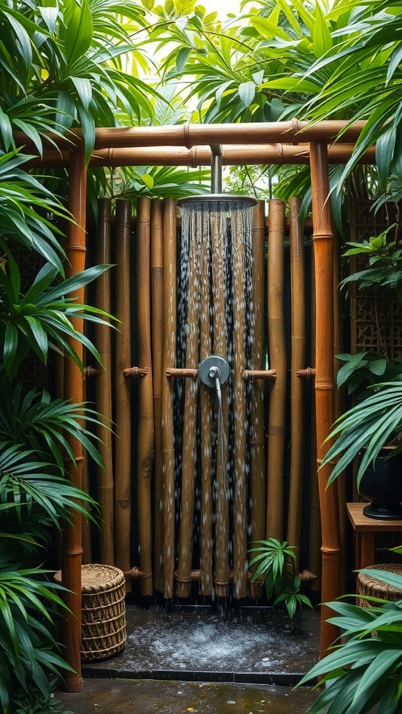 A bamboo outdoor shower surrounded by lush green plants, featuring a modern showerhead and bamboo enclosure.