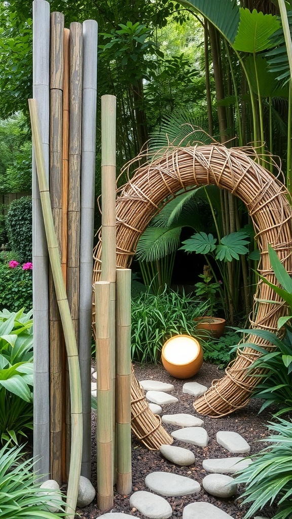 Artistic bamboo sculptures along a garden pathway surrounded by lush greenery