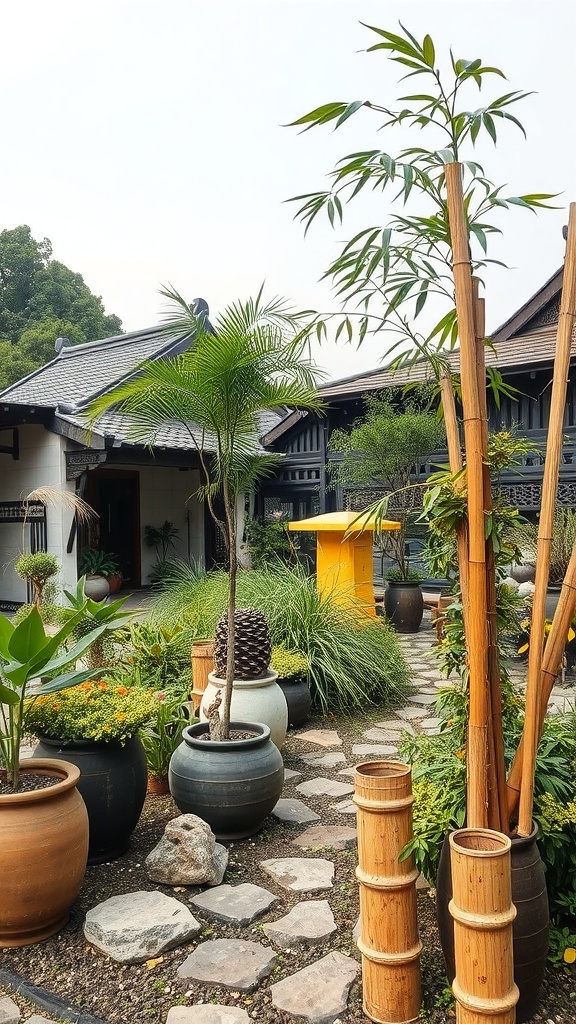 A bamboo garden featuring tall bamboo poles and decorative pots surrounded by lush greenery.
