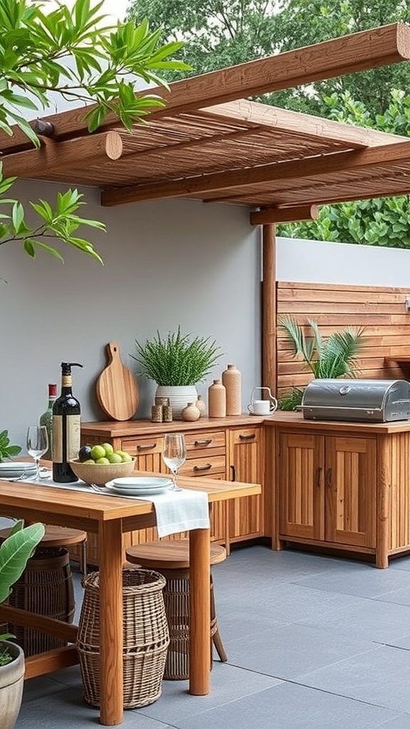 Stylish bamboo outdoor kitchen with wooden cabinets, bar stools, and potted plants