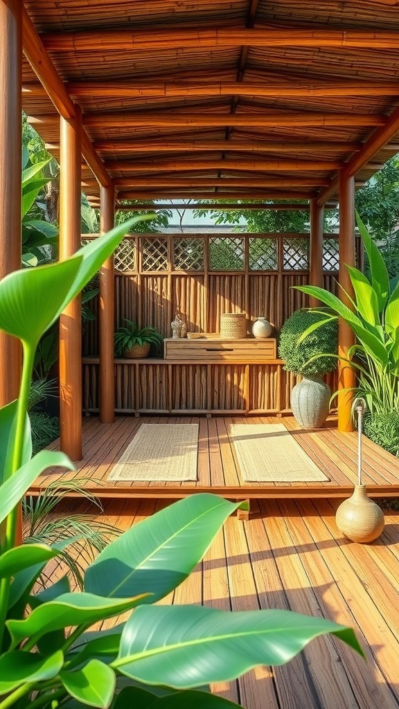 A serene bamboo deck surrounded by lush greenery, featuring a shaded area and decorative plants.