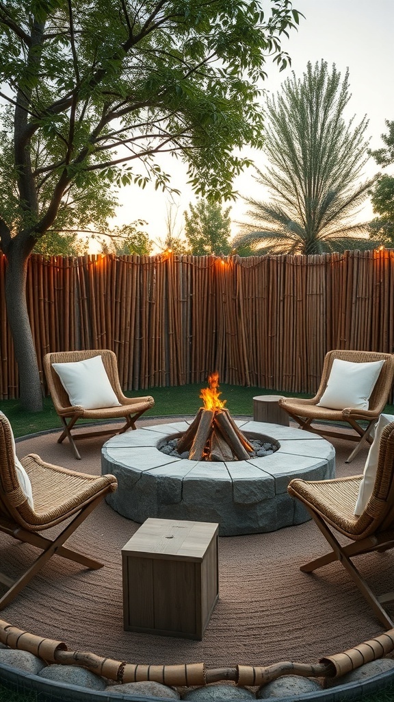 Cozy bamboo fire pit area with seating and a stone fire pit surrounded by bamboo fencing