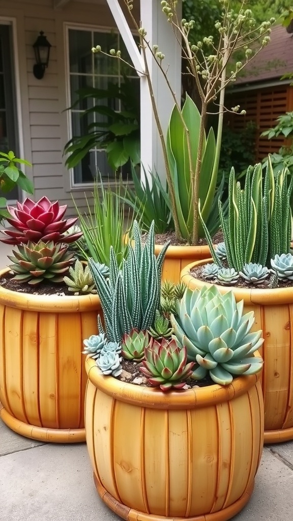 Bamboo planters filled with various succulents in a garden setting.