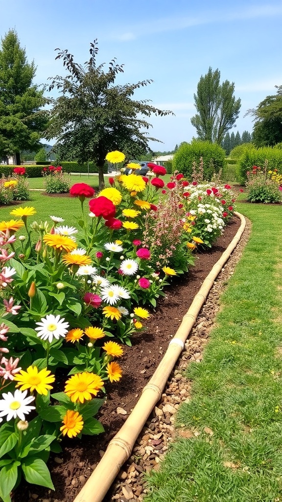 A garden pathway lined with bamboo edging and colorful flowers.