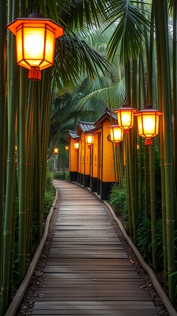 A bamboo garden pathway lined with glowing lanterns and colorful buildings.