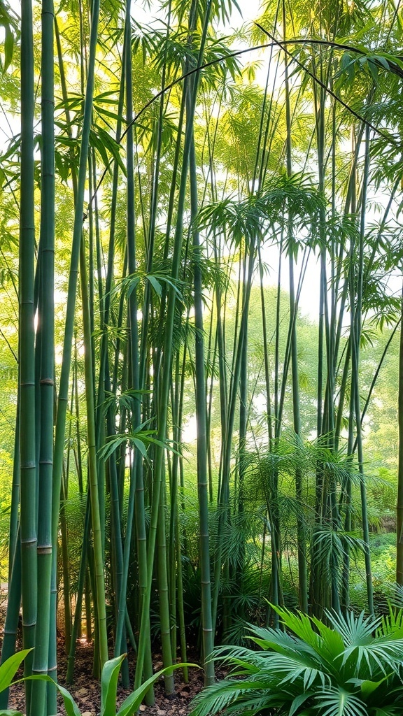 Lush bamboo garden with tall bamboo stalks and green understory plants