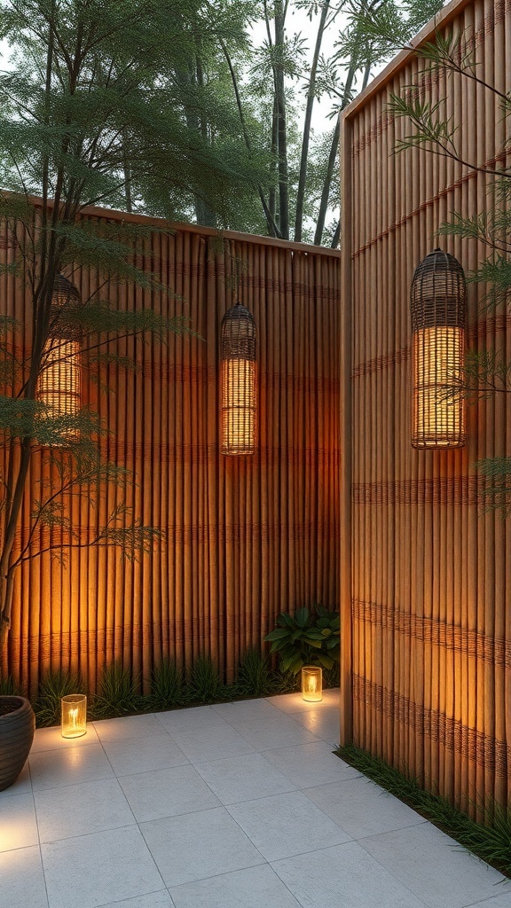 A serene bamboo privacy screen with warm lanterns and lush greenery.
