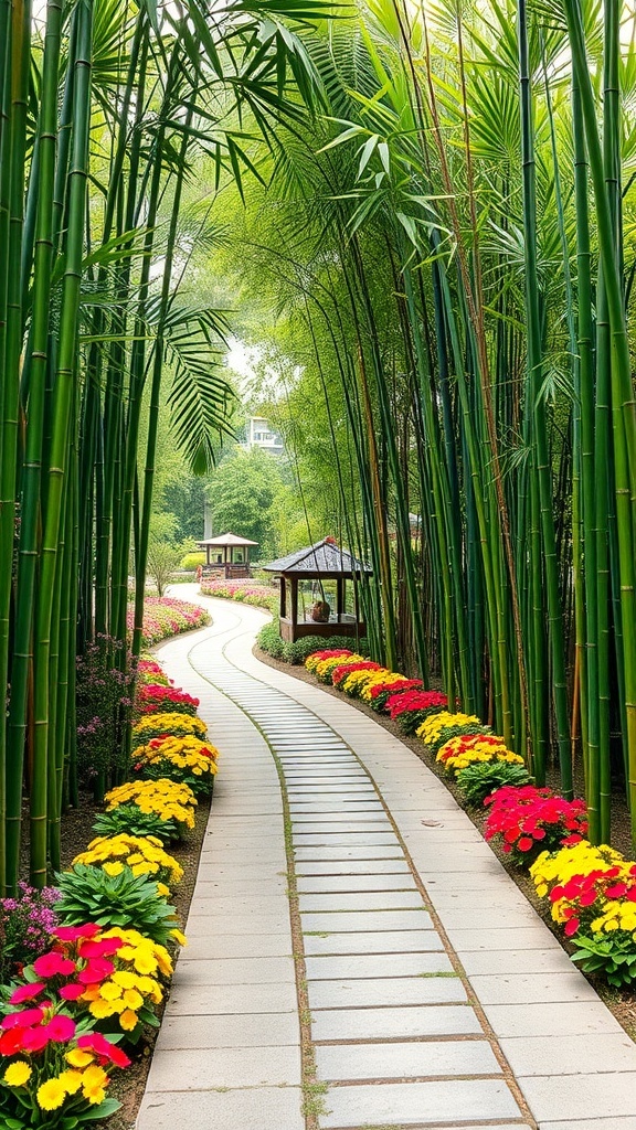 A serene bamboo garden pathway lined with colorful flowers, creating a peaceful outdoor space.