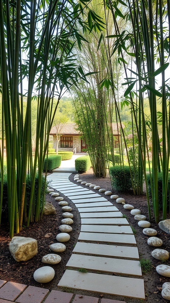 Curved pathway in a bamboo garden lined with decorative stones and lush greenery.