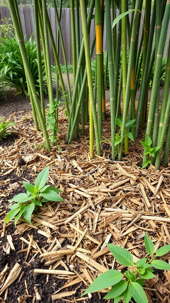 Bamboo garden with bamboo stalks and mulch on the ground