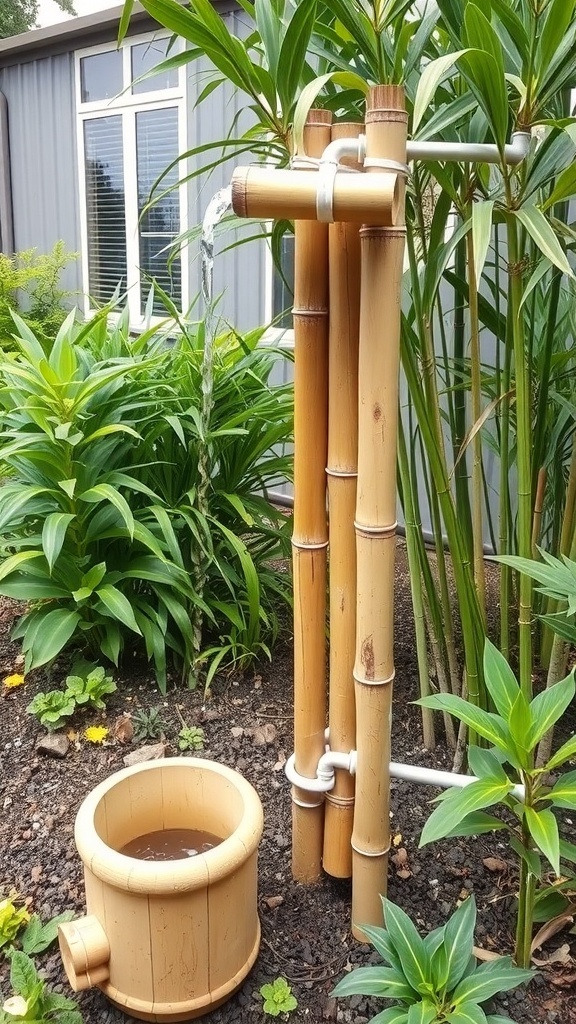 A bamboo watering system with flowing water and surrounding plants in a bamboo garden.