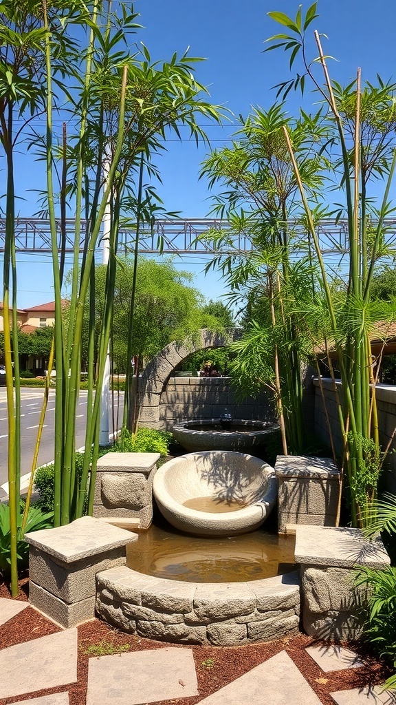 A serene bamboo garden featuring tall bamboo plants, a circular stone seat, and a water feature.