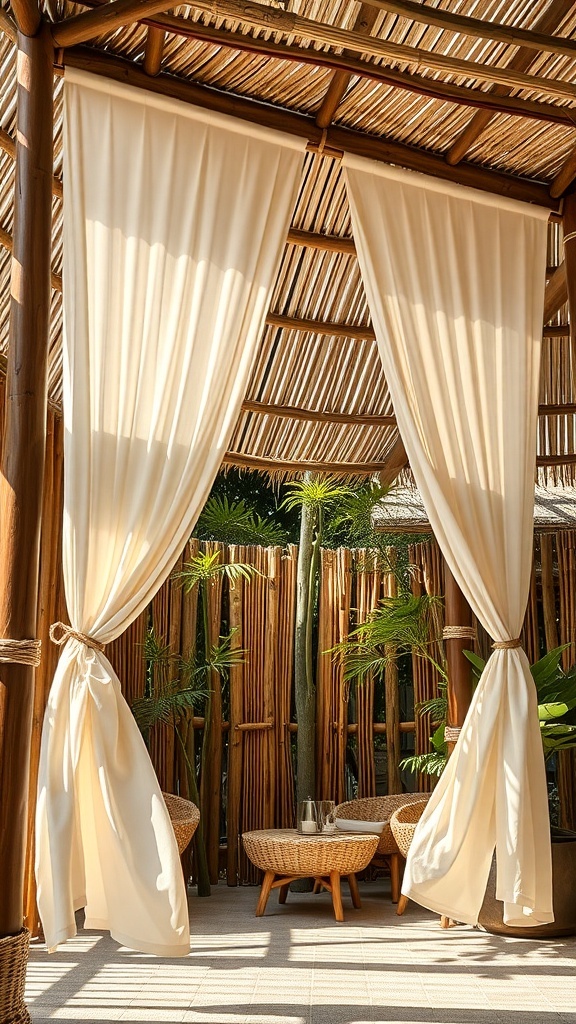 A serene outdoor space with bamboo and soft fabric curtains, creating a cozy atmosphere.