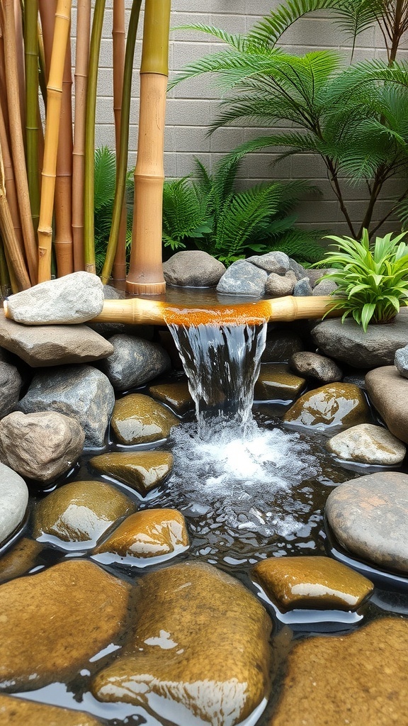 A bamboo water feature with a spout, flowing water, and surrounding stones in a bamboo garden.