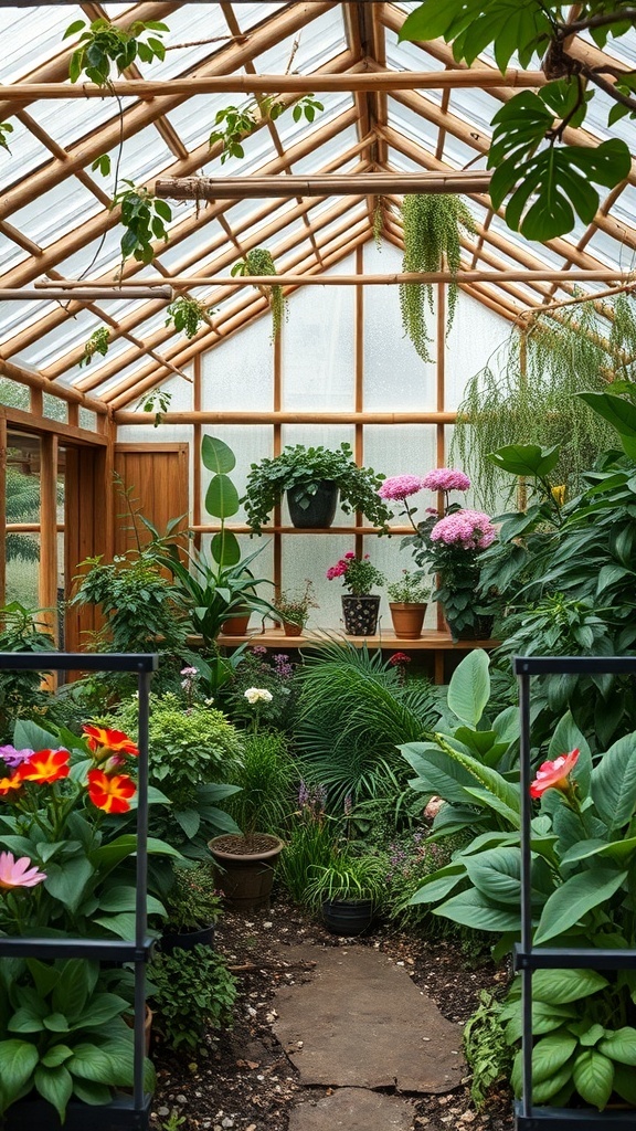 A bamboo greenhouse filled with various plants and flowers, showcasing a vibrant indoor garden.