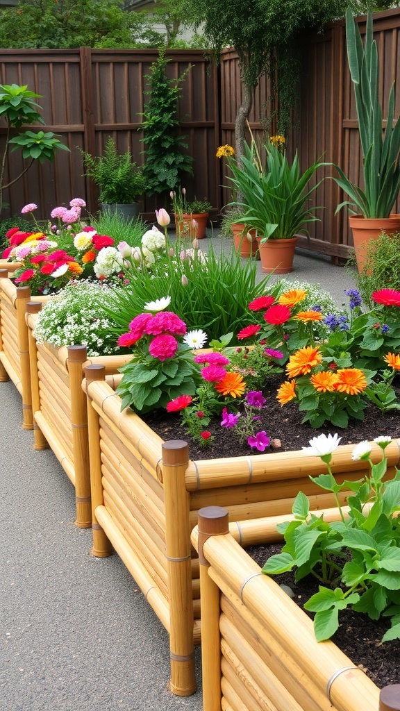 Colorful flowers in bamboo raised garden beds
