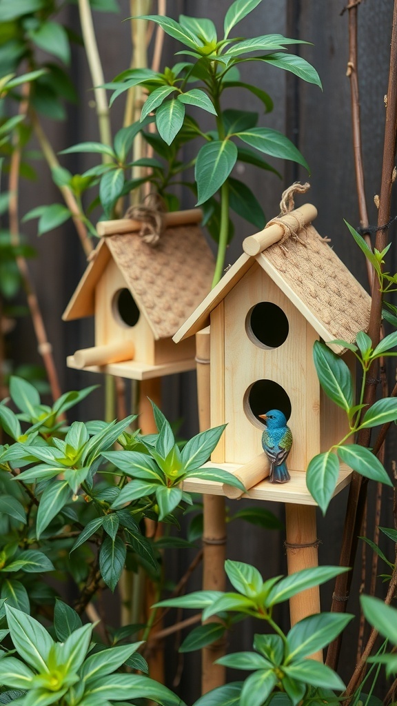 Bamboo birdhouses in a lush garden with colorful birds.
