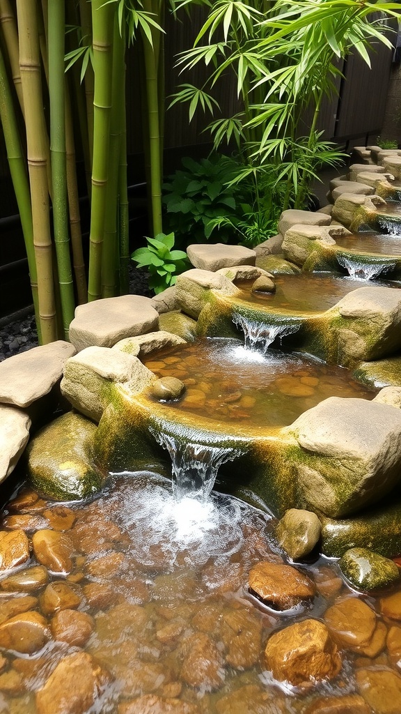 A serene bamboo water feature with a small waterfall, smooth stones, and lush greenery.
