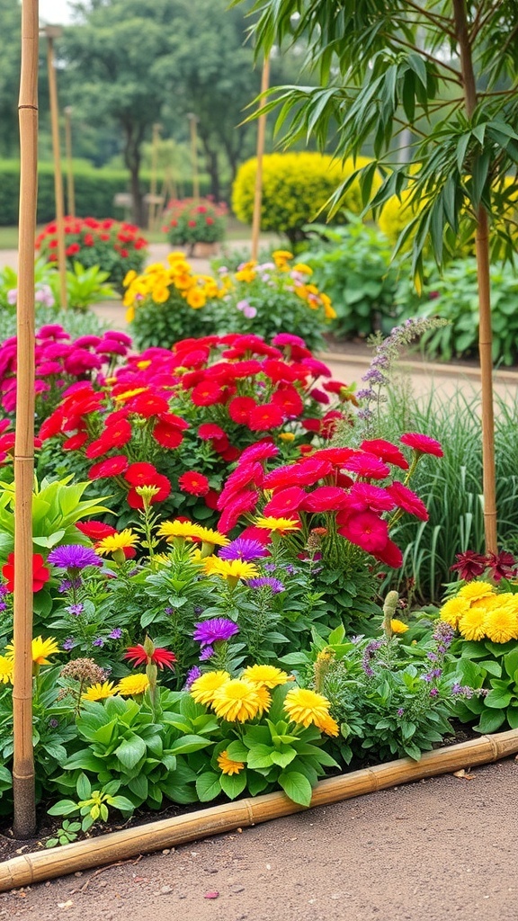 A vibrant garden with colorful flowers bordered by bamboo, showcasing a neat and organized outdoor space.