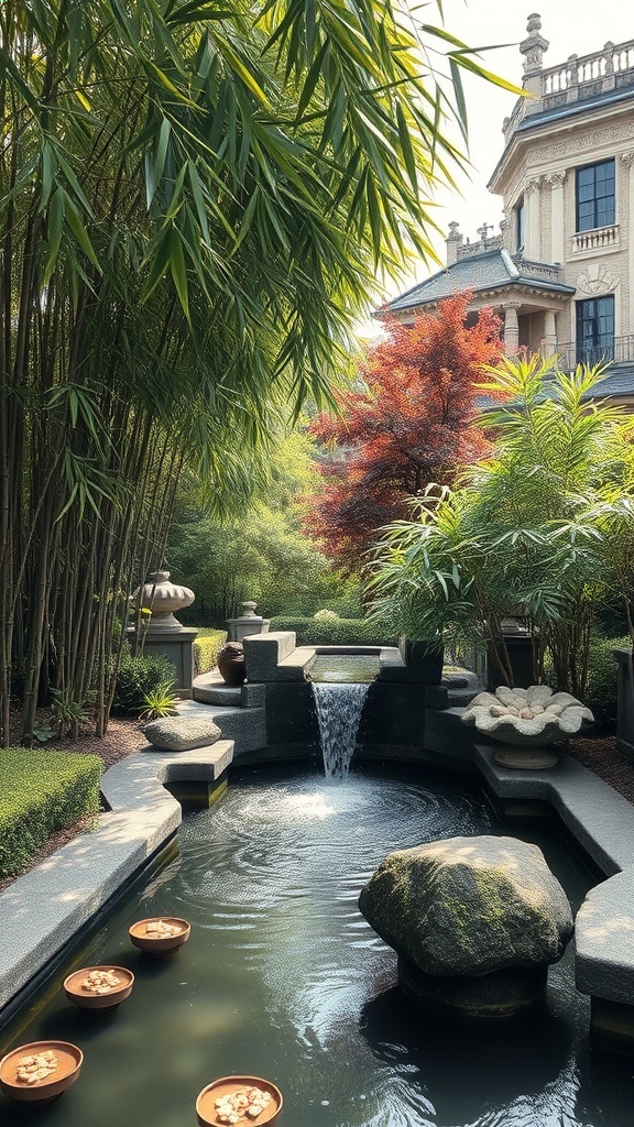 A serene bamboo garden featuring a waterfall and floating flower bowls.