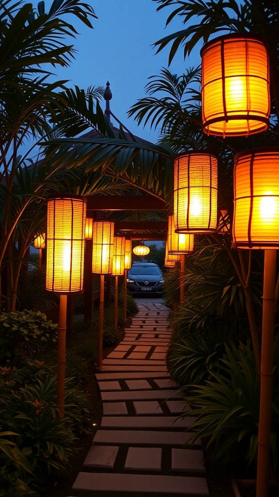 Bamboo lanterns illuminating a garden pathway at dusk