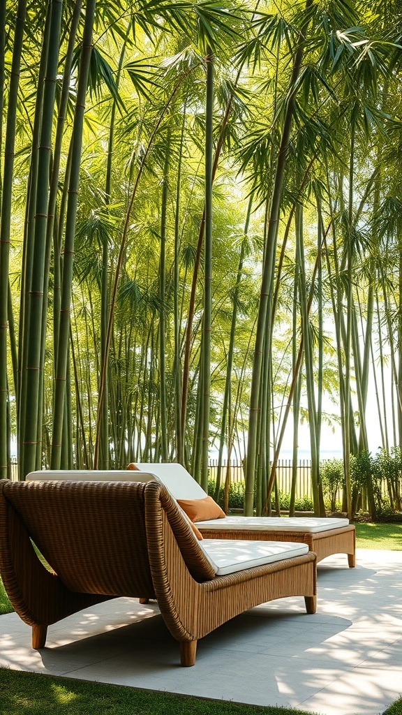 Bamboo lounge chairs in a lush bamboo garden