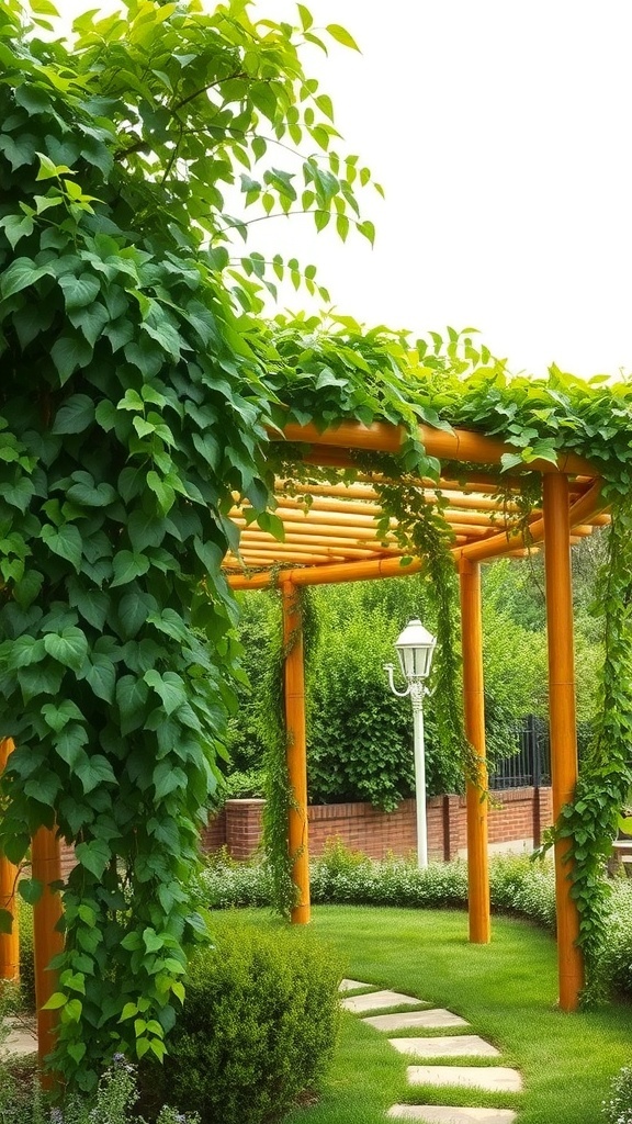 A bamboo pergola covered with climbing vines in a lush garden setting.