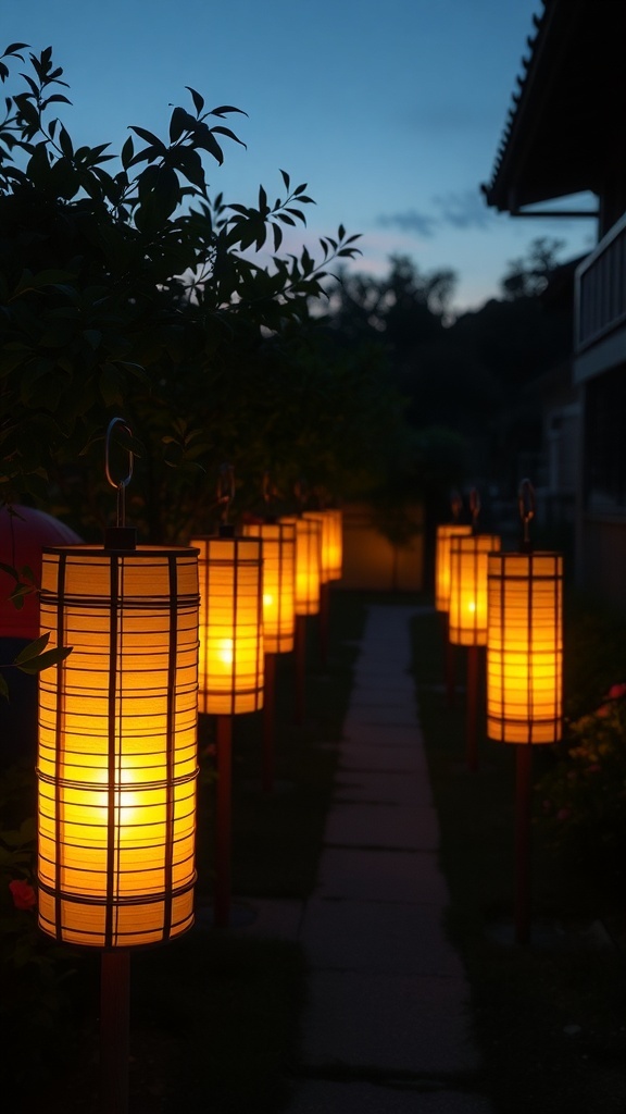 A pathway in a bamboo garden illuminated by glowing lanterns at dusk.