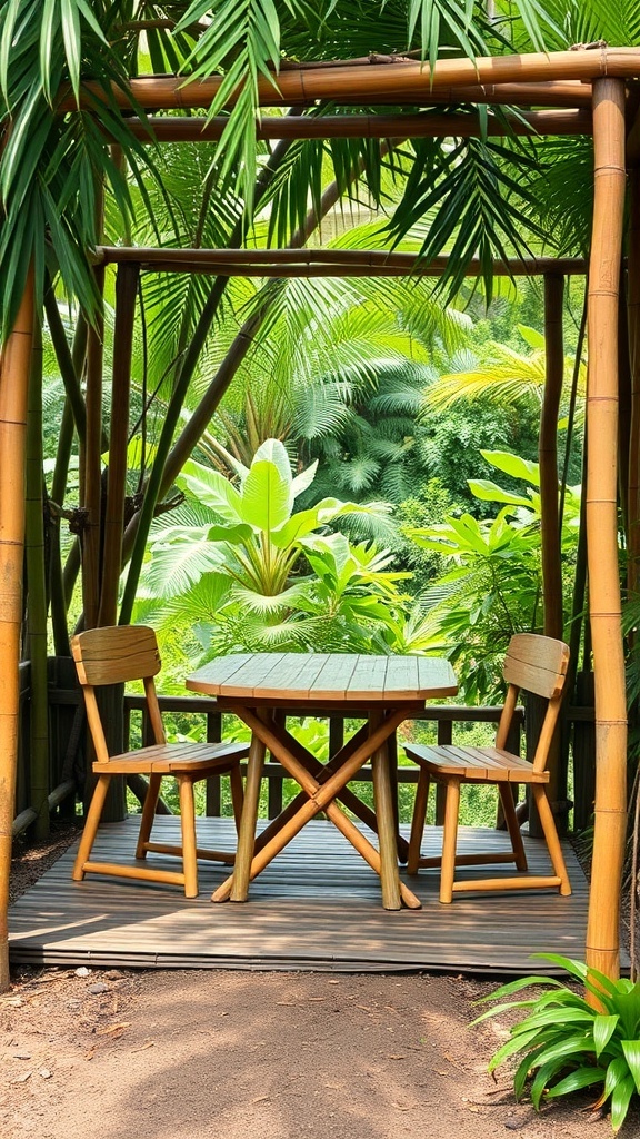 A cozy bamboo picnic area with a wooden table and chairs surrounded by lush greenery.