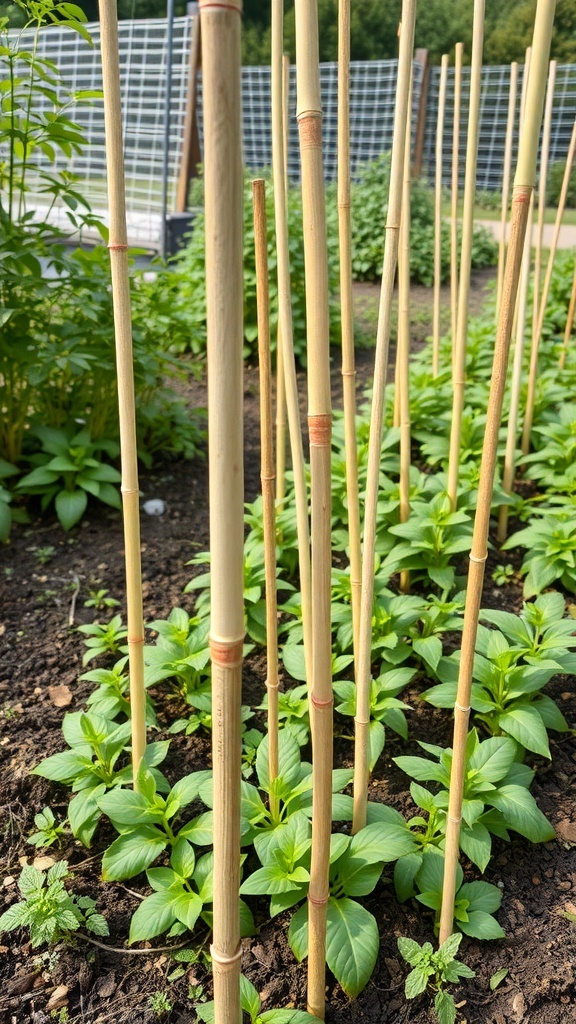 Bamboo stakes supporting green plants in a garden