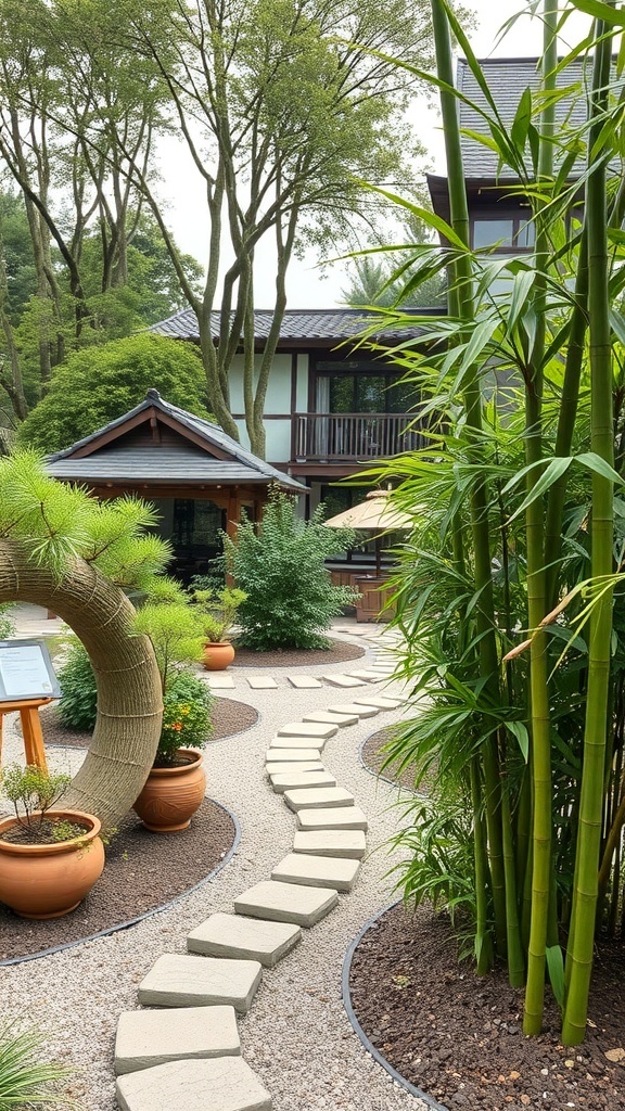 A bamboo garden featuring a winding pathway and a curved sculpture surrounded by lush greenery.