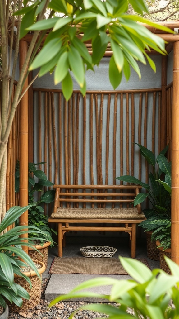 A cozy bamboo seating nook surrounded by lush plants, perfect for quiet reflection.