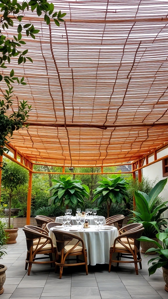 Outdoor dining area with a bamboo canopy and lush greenery