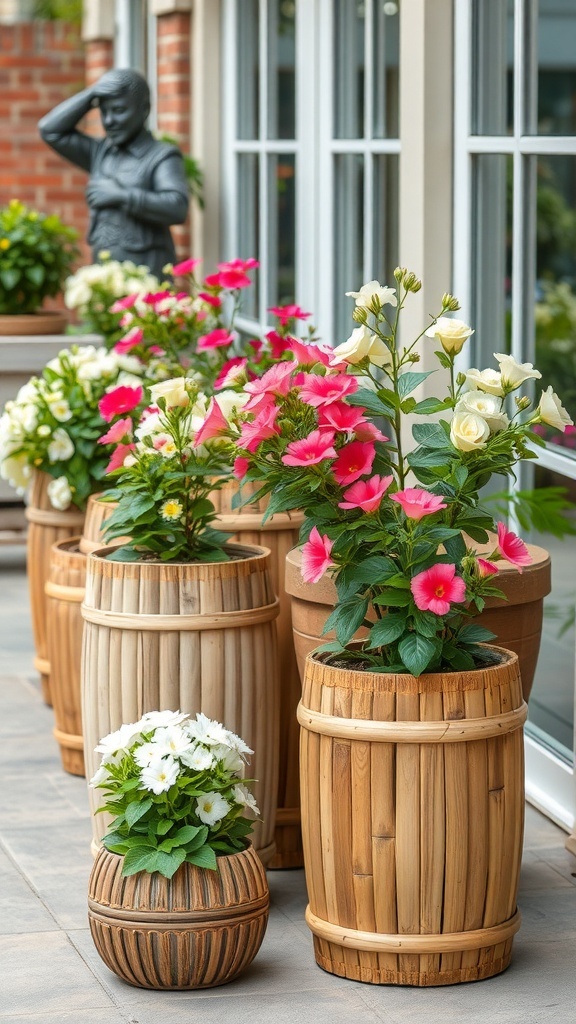 Bamboo containers filled with colorful flowers arranged outdoors