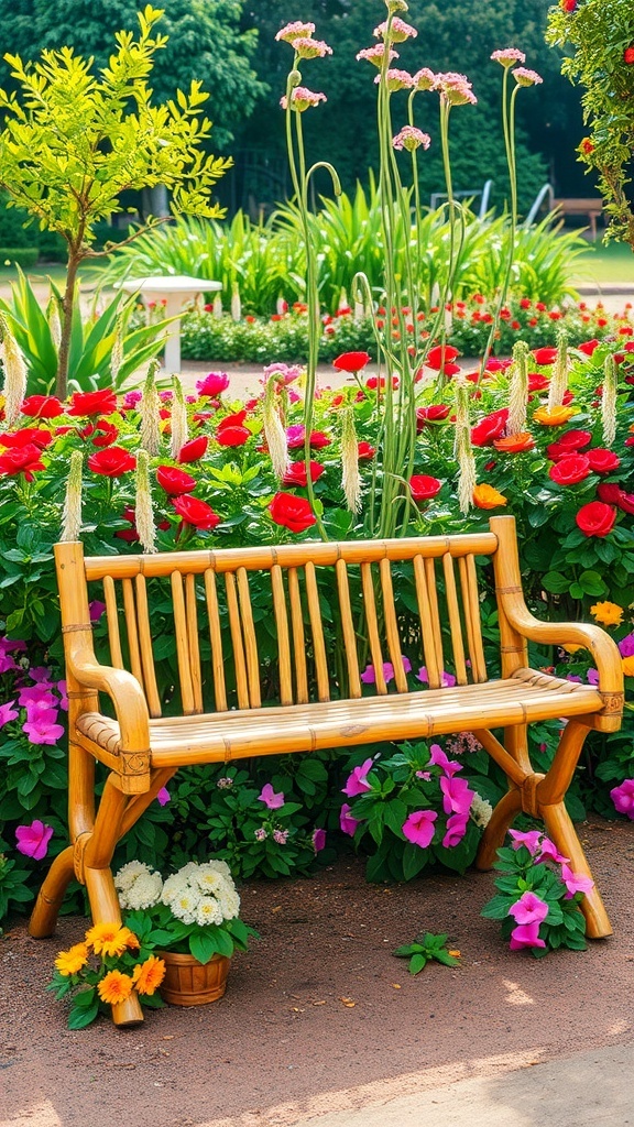 A bamboo garden bench surrounded by colorful flowers and greenery.