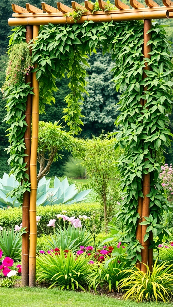 A bamboo garden trellis adorned with lush green vines, surrounded by colorful flowers and plants.