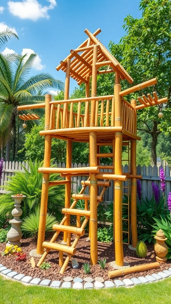 A bamboo climbing structure for kids in a colorful garden