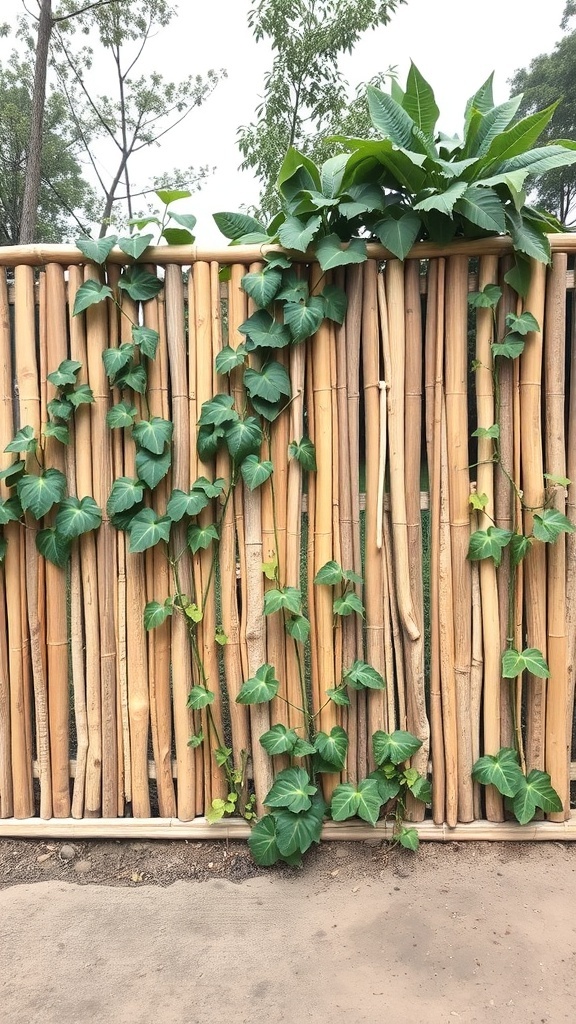A bamboo fence with climbing plants, creating a natural boundary in a garden.
