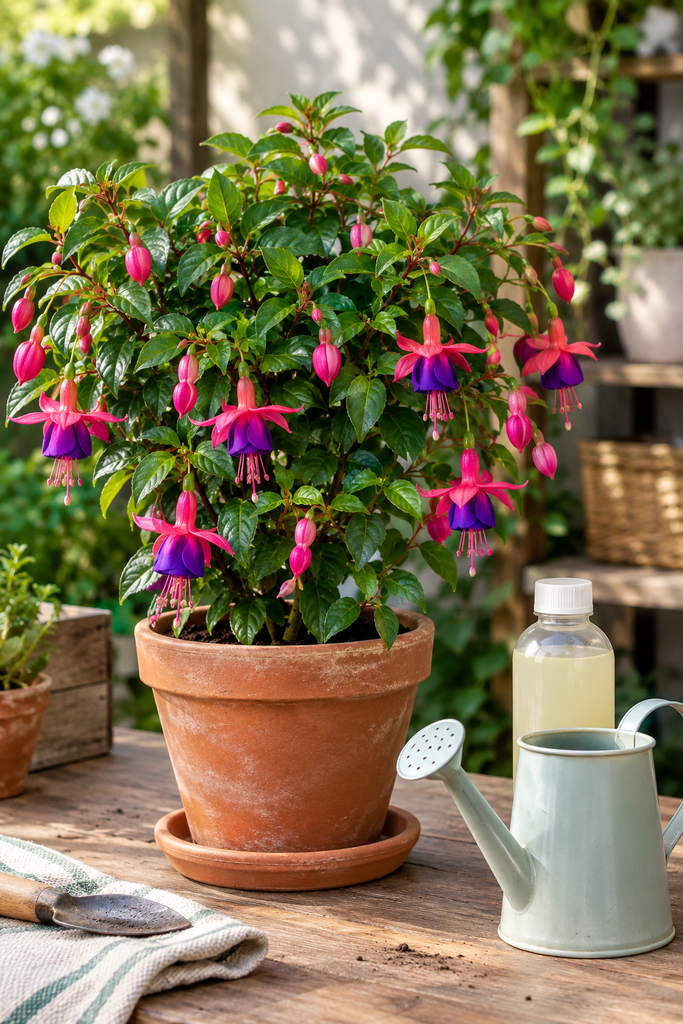Small watering can of diluted liquid fertilizer beside a potted fuchsia