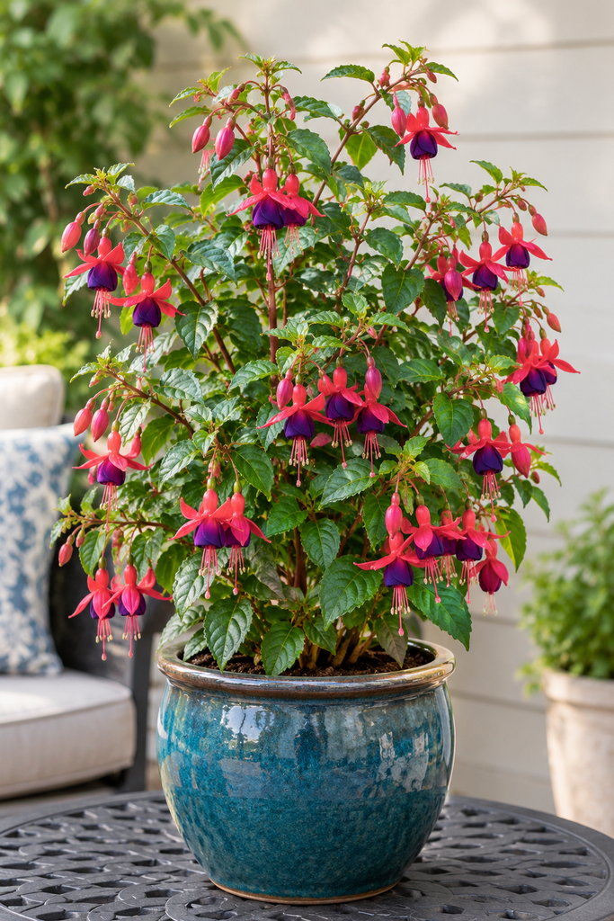 Upright fuchsia in a ceramic pot with red and purple flowers on a shaded patio