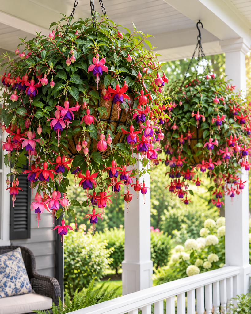 Two thriving hanging fuchsia baskets in full bloom on a covered porch
