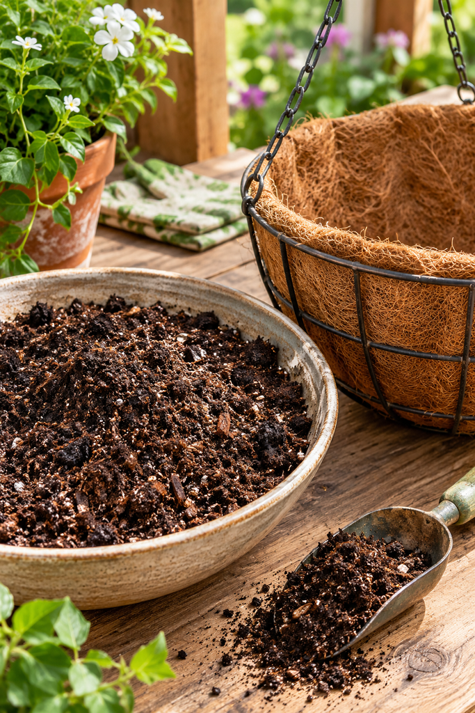 Rich dark potting mix with compost beside an empty hanging basket with a coco liner