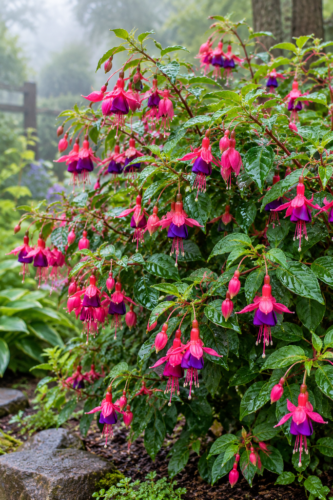 Fuchsia in bloom on a cool, misty morning in a coastal-style garden