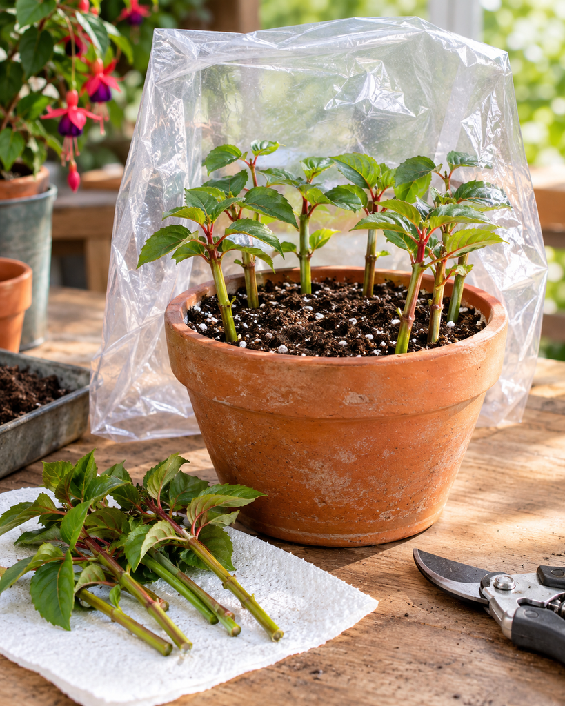 Fuchsia softwood cuttings rooting in small pots of moist potting mix