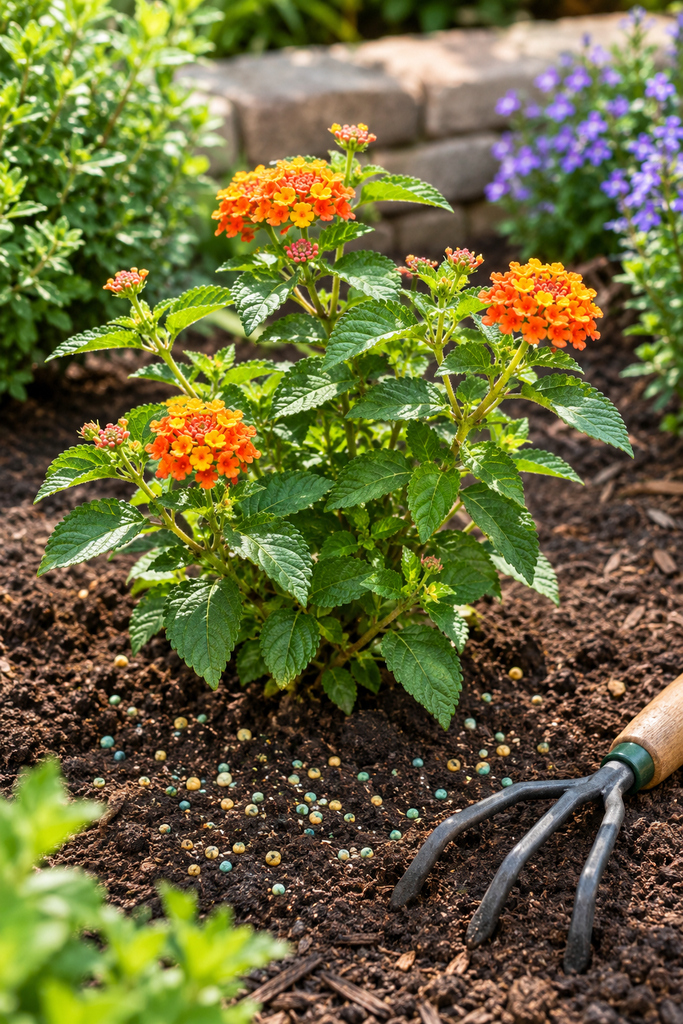 Slow-release fertilizer granules scattered on soil around a young lantana plant