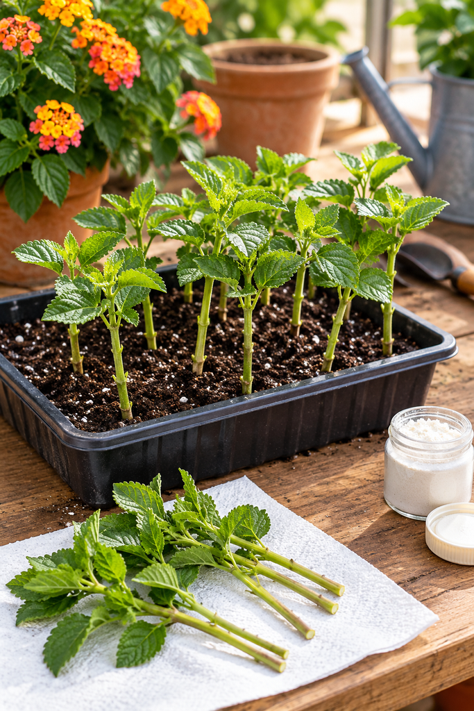 Lantana stem cuttings planted in a small tray of potting mix