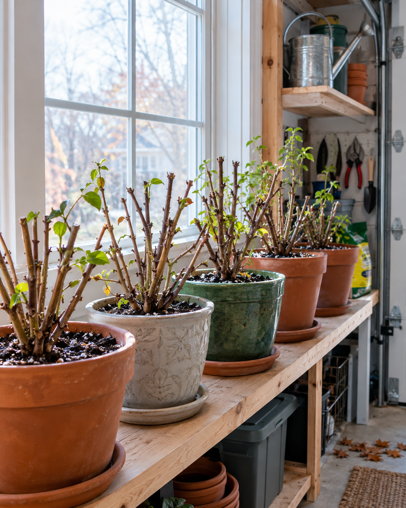 Cut-back potted fuchsias on a shelf in a bright, cool garage for winter